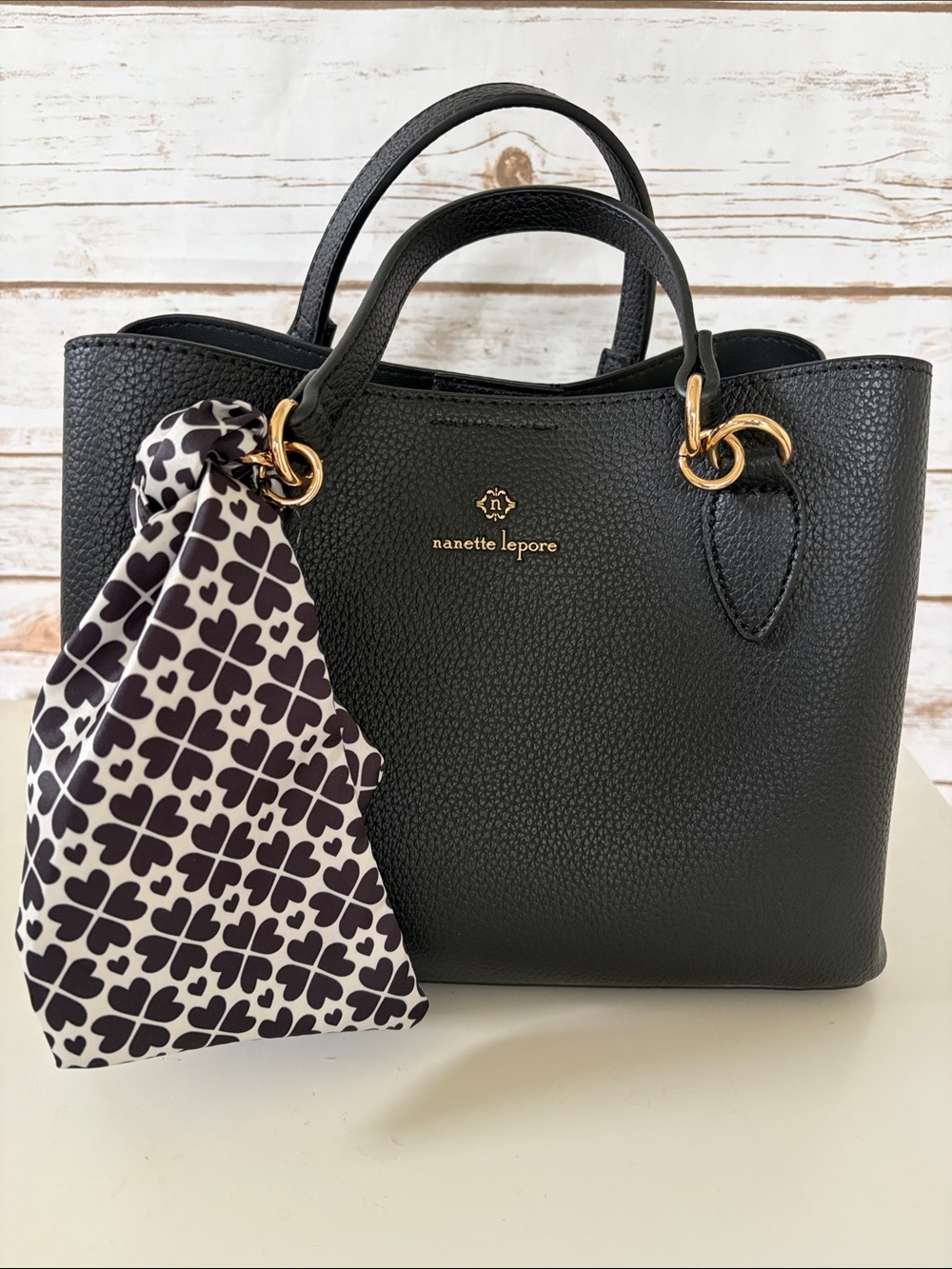Nanette Lepore Black Pebbled Leather Satchel with Black-and-Cream Scarf Accent